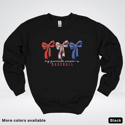 My Favorite Season Is Baseball – Red White Blue Bow Graphic Crewneck Sweatshirt