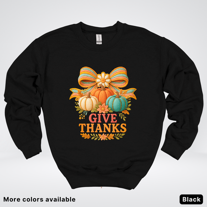 Give Thanks Crochet Thanksgiving Fall Pumpkin - Crewneck Sweatshirt