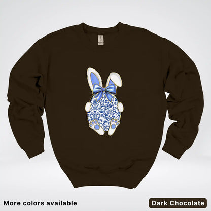 Blue Toile Easter Bunny – Porcelain Bow Bunny Spring Graphic - Crewneck Sweatshirt