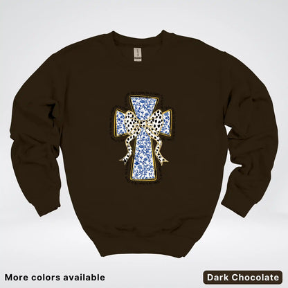 He Is Risen Cross – Blue Toile Easter Faith Graphic - Crewneck Sweatshirt