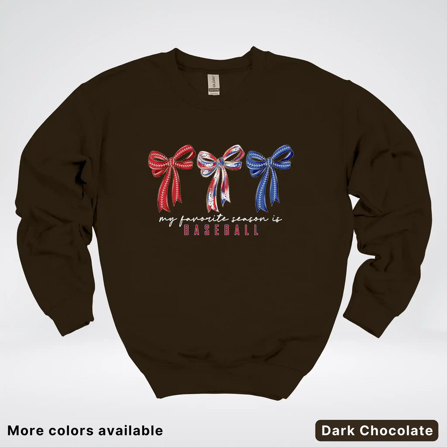 My Favorite Season Is Baseball – Red White Blue Bow Graphic Crewneck Sweatshirt