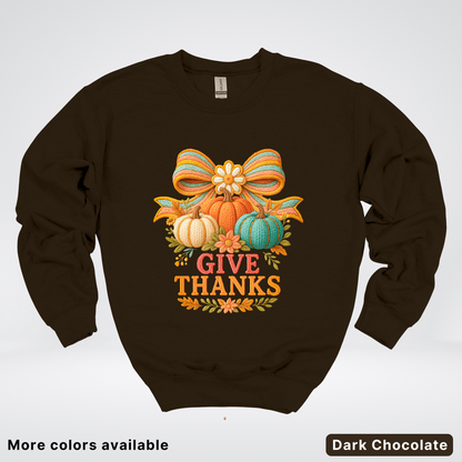 Give Thanks Crochet Thanksgiving Fall Pumpkin - Crewneck Sweatshirt