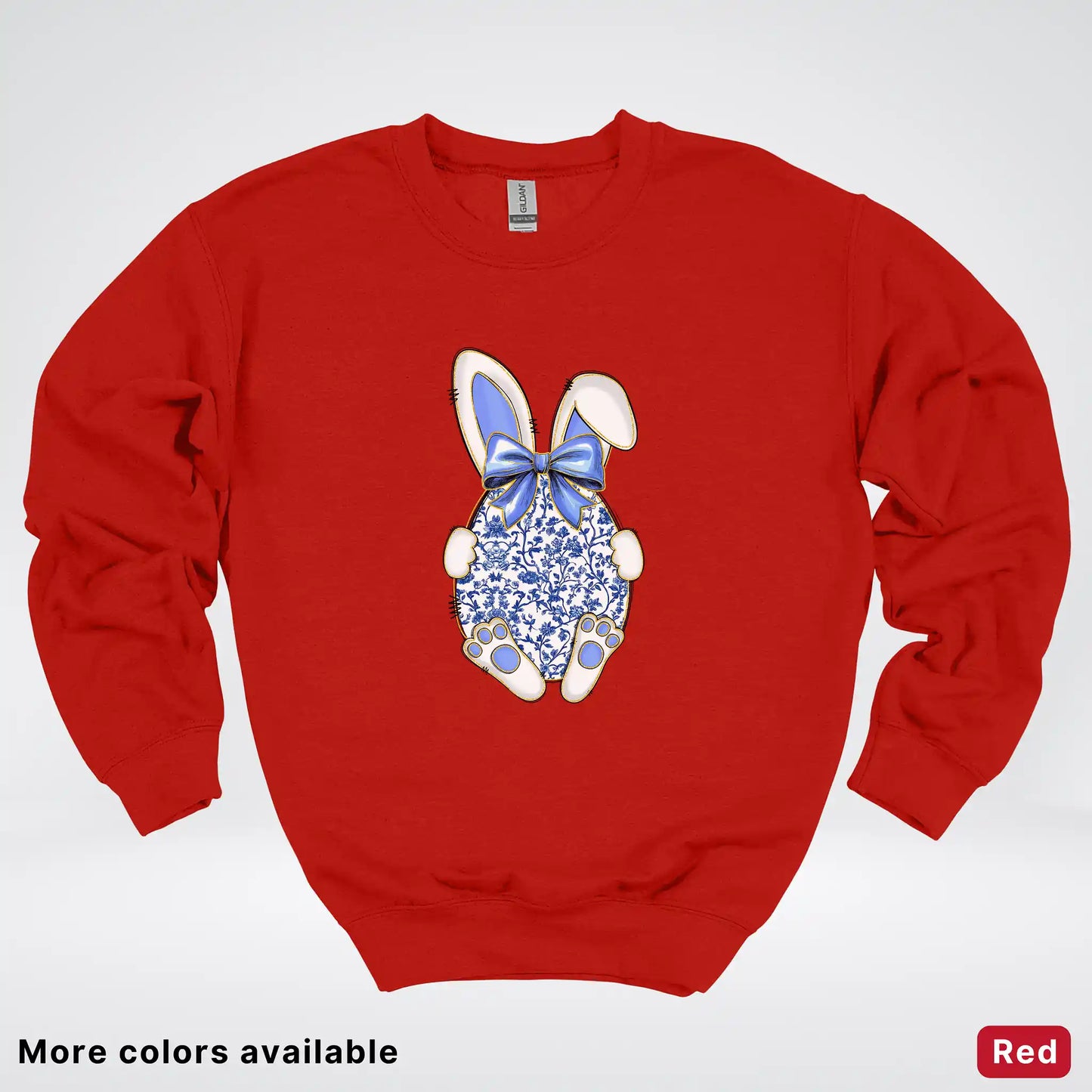 Blue Toile Easter Bunny – Porcelain Bow Bunny Spring Graphic - Crewneck Sweatshirt