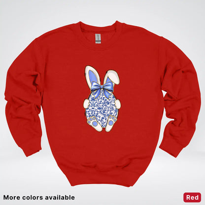 Blue Toile Easter Bunny – Porcelain Bow Bunny Spring Graphic - Crewneck Sweatshirt