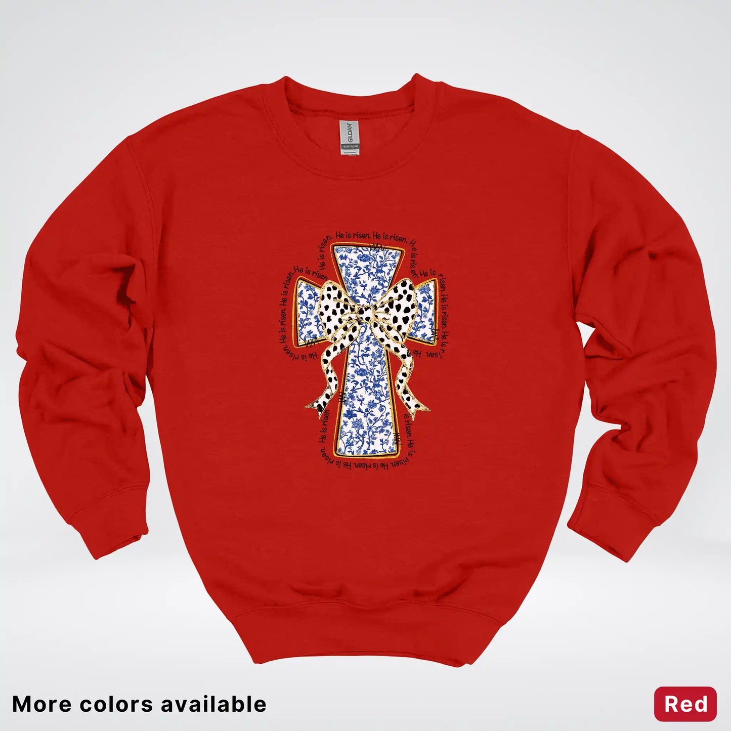 He Is Risen Cross – Blue Toile Easter Faith Graphic - Crewneck Sweatshirt