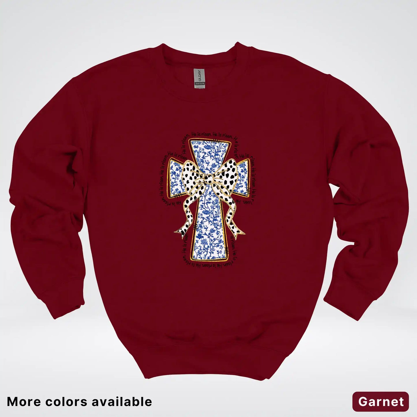 He Is Risen Cross – Blue Toile Easter Faith Graphic - Crewneck Sweatshirt