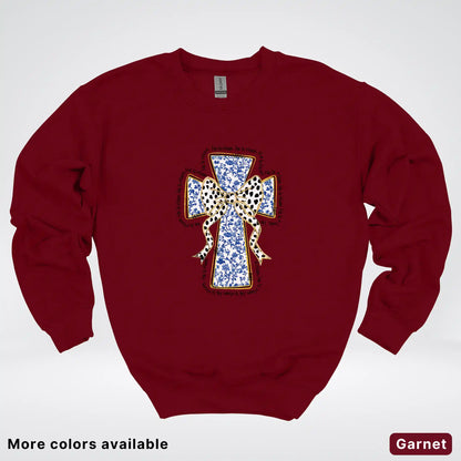 He Is Risen Cross – Blue Toile Easter Faith Graphic - Crewneck Sweatshirt