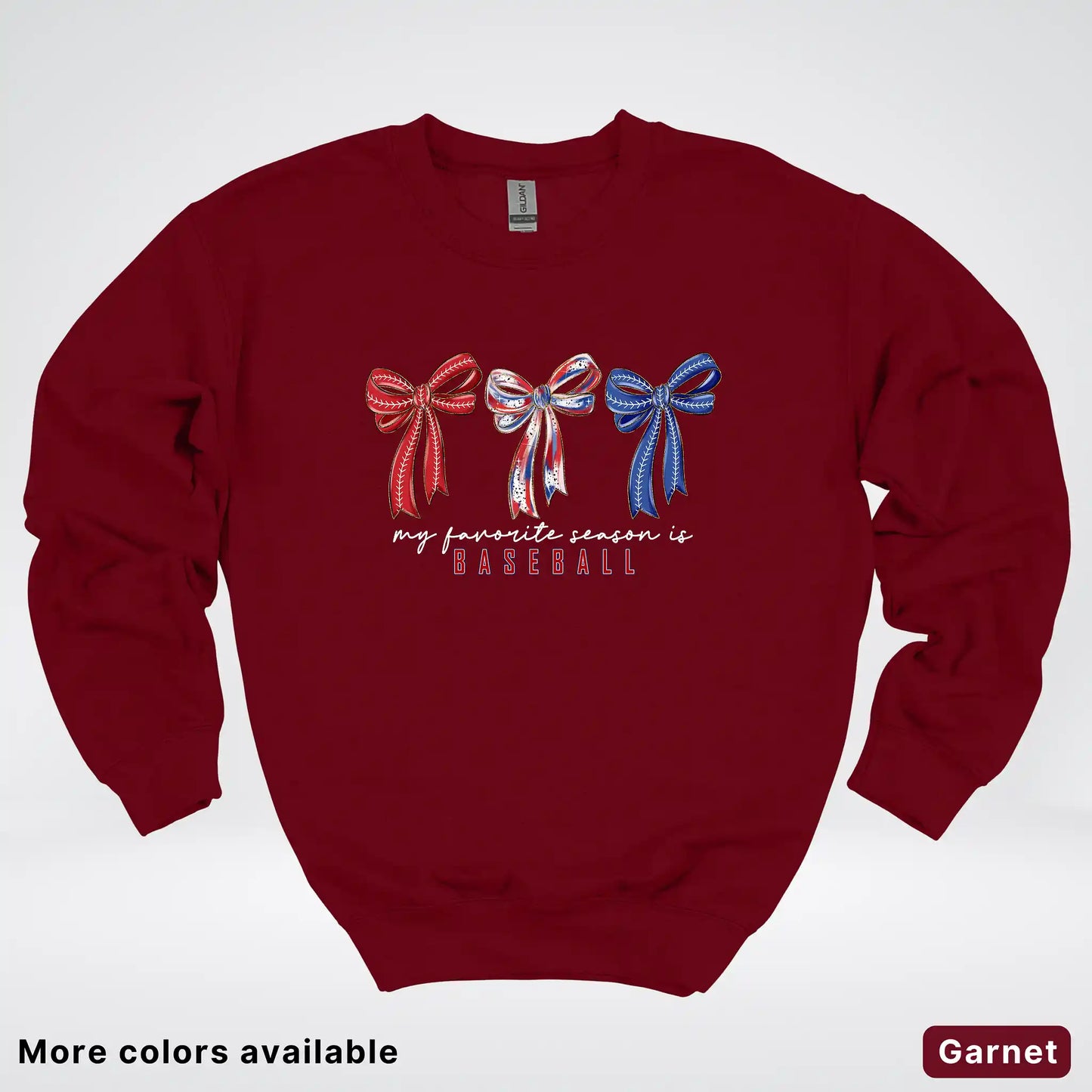 My Favorite Season Is Baseball – Red White Blue Bow Graphic Crewneck Sweatshirt