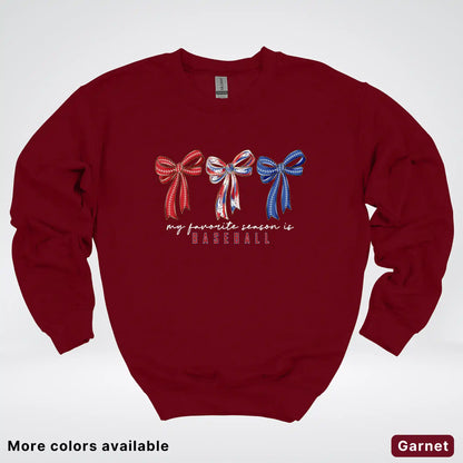 My Favorite Season Is Baseball – Red White Blue Bow Graphic Crewneck Sweatshirt