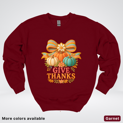 Give Thanks Crochet Thanksgiving Fall Pumpkin - Crewneck Sweatshirt