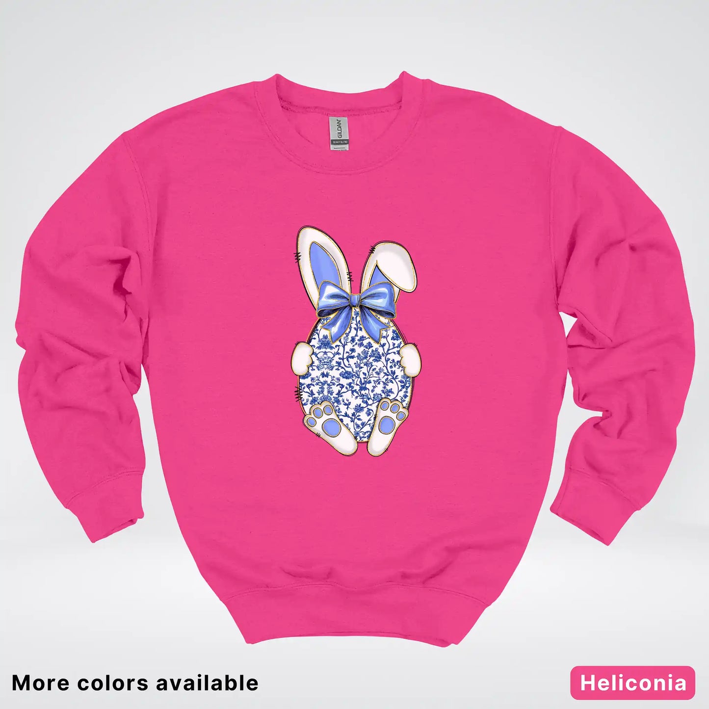 Blue Toile Easter Bunny – Porcelain Bow Bunny Spring Graphic - Crewneck Sweatshirt