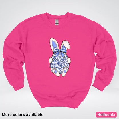 Blue Toile Easter Bunny – Porcelain Bow Bunny Spring Graphic - Crewneck Sweatshirt