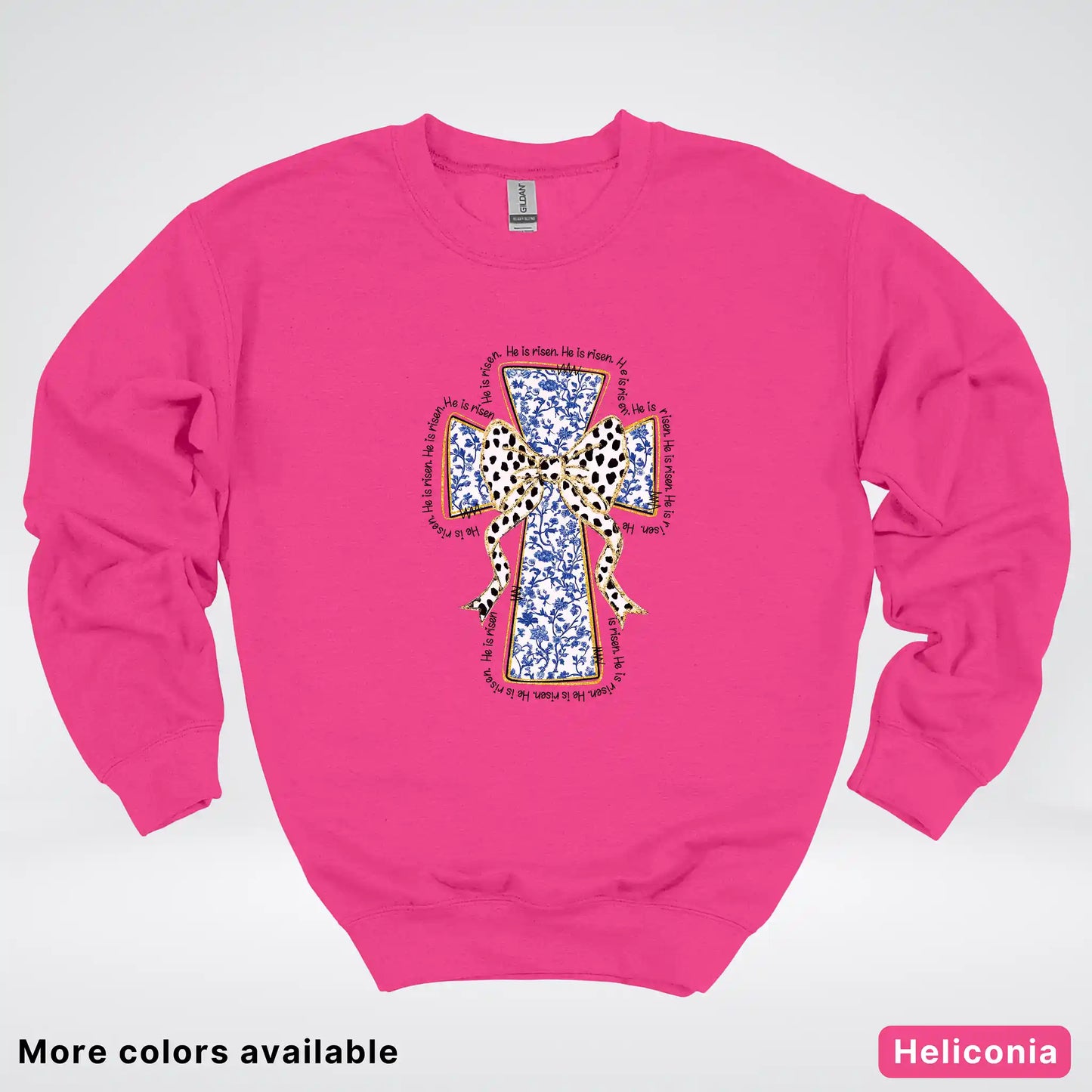 He Is Risen Cross – Blue Toile Easter Faith Graphic - Crewneck Sweatshirt