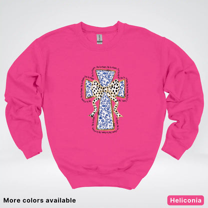 He Is Risen Cross – Blue Toile Easter Faith Graphic - Crewneck Sweatshirt