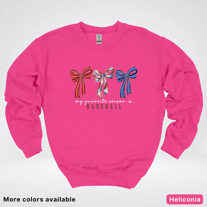 My Favorite Season Is Baseball – Red White Blue Bow Graphic Crewneck Sweatshirt
