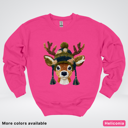Cozy Winter Reindeer Hook Yard Faux Texture - Crewneck Sweatshirt