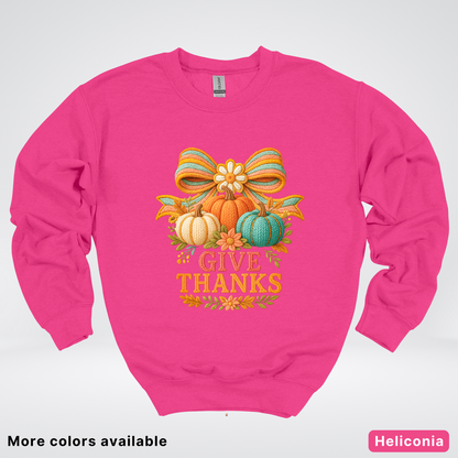 Give Thanks Crochet Thanksgiving Fall Pumpkin - Crewneck Sweatshirt