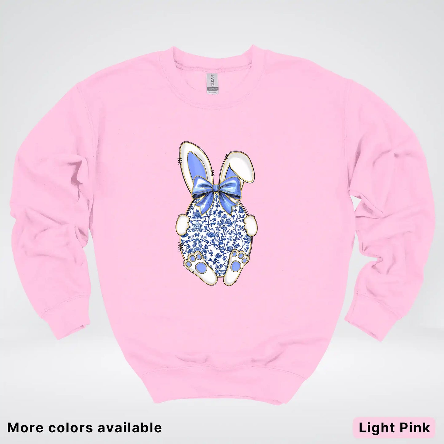 Blue Toile Easter Bunny – Porcelain Bow Bunny Spring Graphic - Crewneck Sweatshirt