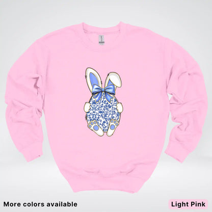 Blue Toile Easter Bunny – Porcelain Bow Bunny Spring Graphic - Crewneck Sweatshirt