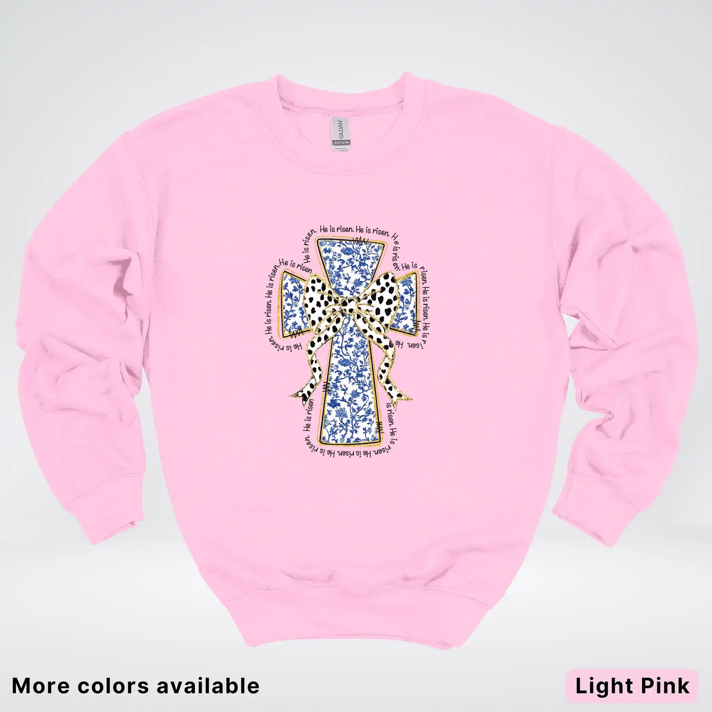 He Is Risen Cross – Blue Toile Easter Faith Graphic - Crewneck Sweatshirt