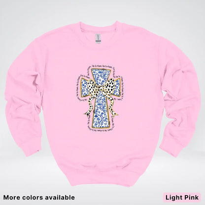 He Is Risen Cross – Blue Toile Easter Faith Graphic - Crewneck Sweatshirt