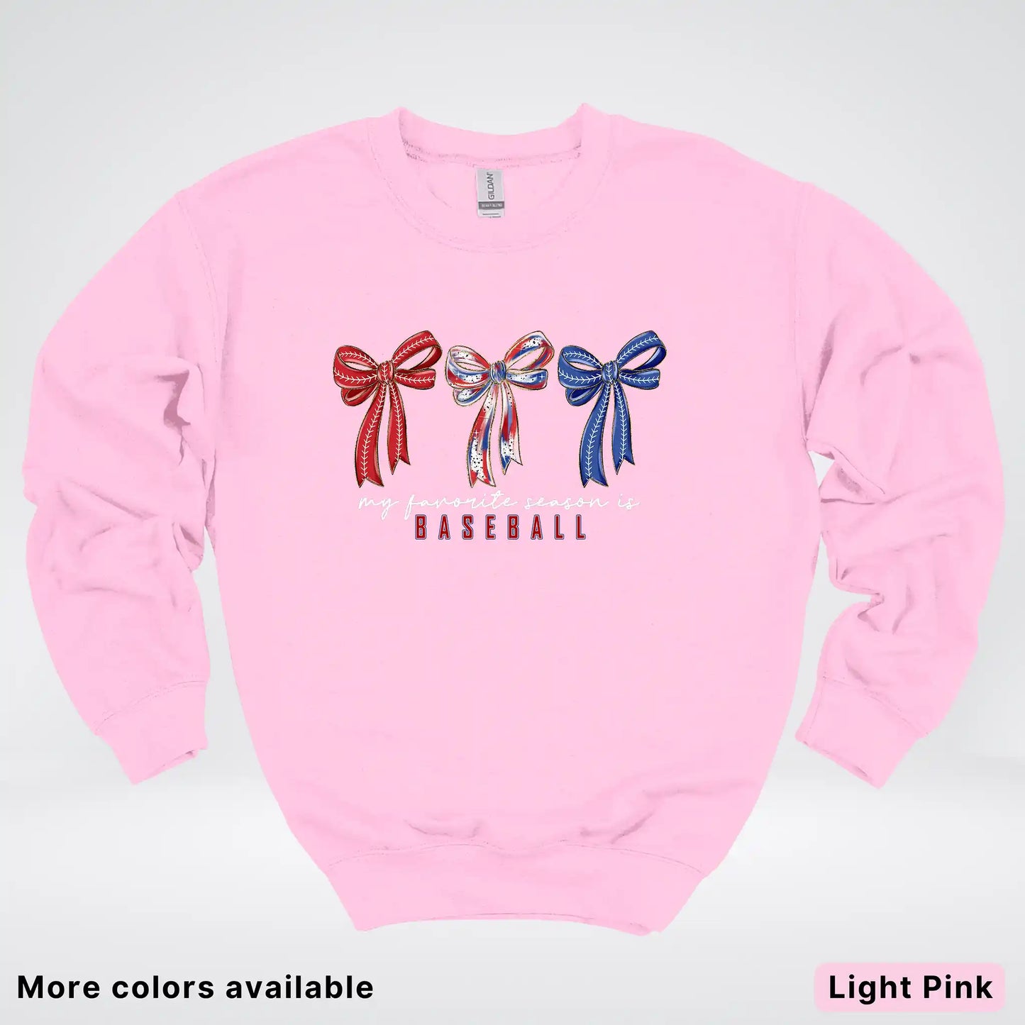 My Favorite Season Is Baseball – Red White Blue Bow Graphic Crewneck Sweatshirt