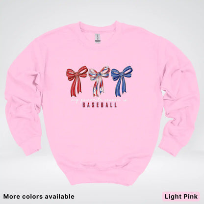 My Favorite Season Is Baseball – Red White Blue Bow Graphic Crewneck Sweatshirt