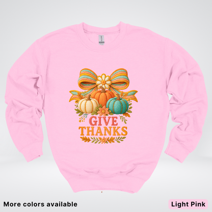 Give Thanks Crochet Thanksgiving Fall Pumpkin - Crewneck Sweatshirt