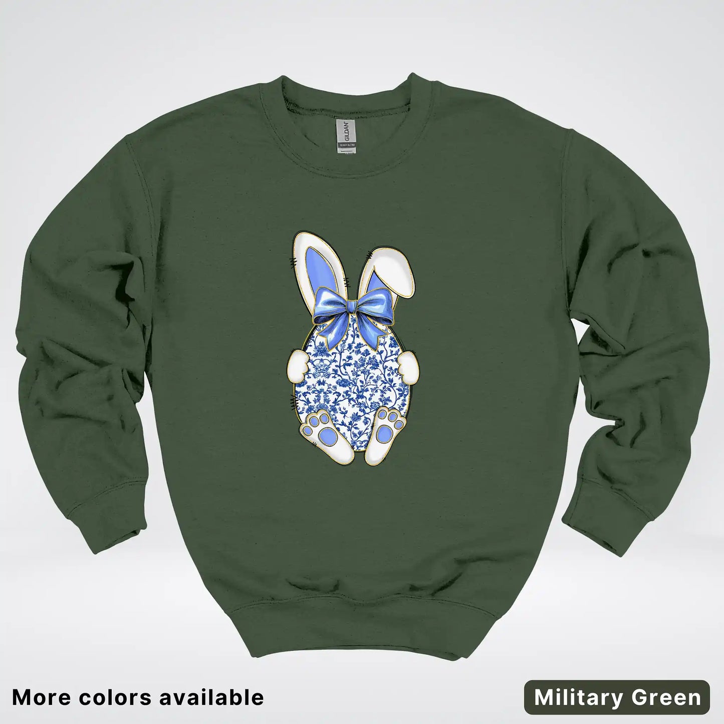 Blue Toile Easter Bunny – Porcelain Bow Bunny Spring Graphic - Crewneck Sweatshirt