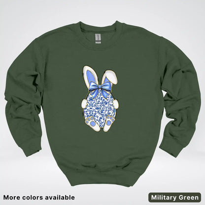 Blue Toile Easter Bunny – Porcelain Bow Bunny Spring Graphic - Crewneck Sweatshirt
