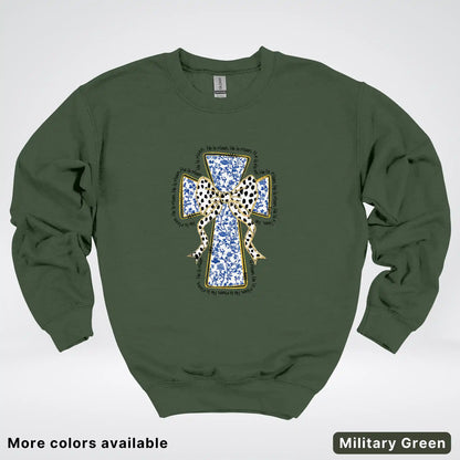 He Is Risen Cross – Blue Toile Easter Faith Graphic - Crewneck Sweatshirt