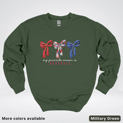 My Favorite Season Is Baseball – Red White Blue Bow Graphic Crewneck Sweatshirt