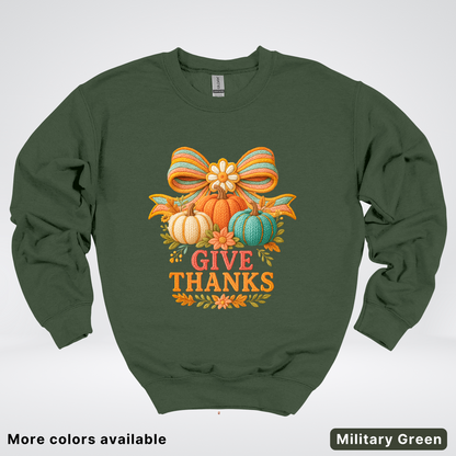Give Thanks Crochet Thanksgiving Fall Pumpkin - Crewneck Sweatshirt