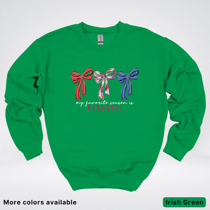 My Favorite Season Is Baseball – Red White Blue Bow Graphic Crewneck Sweatshirt