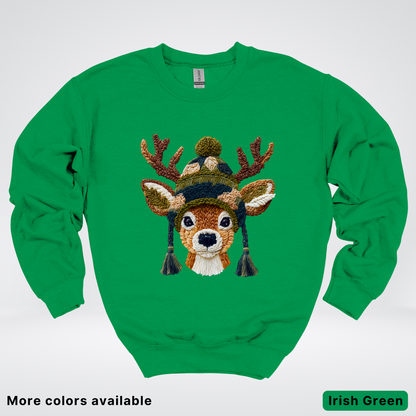 Cozy Winter Reindeer Hook Yard Faux Texture - Crewneck Sweatshirt