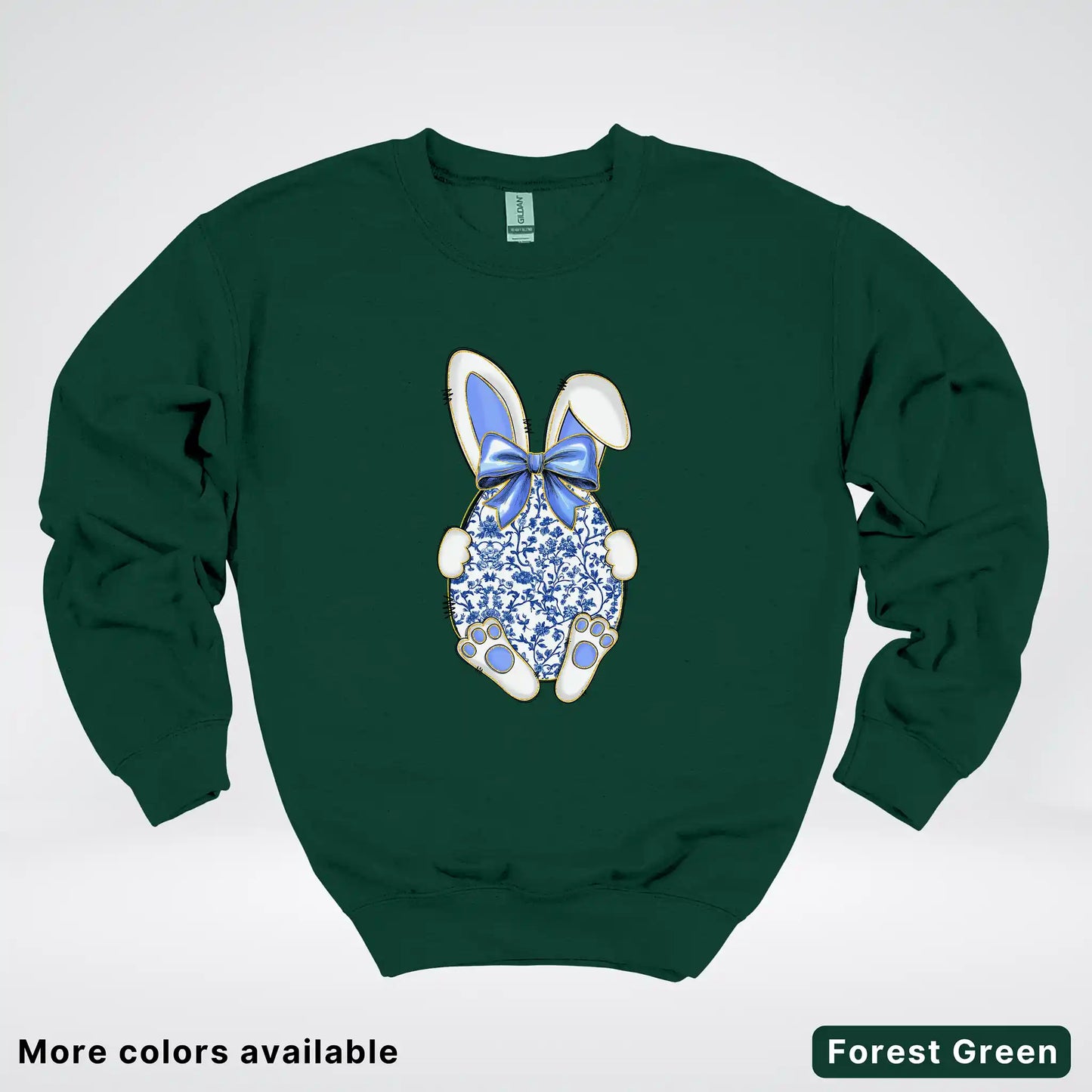 Blue Toile Easter Bunny – Porcelain Bow Bunny Spring Graphic - Crewneck Sweatshirt