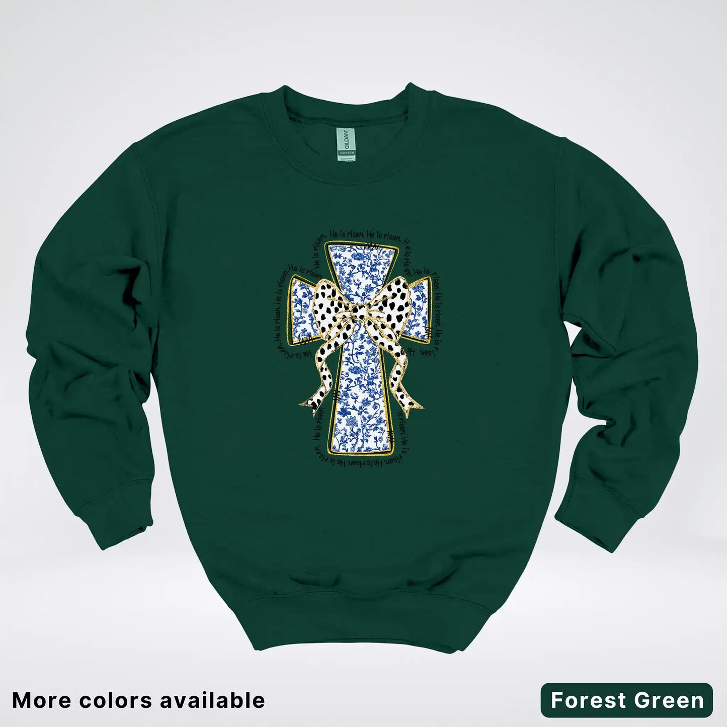 He Is Risen Cross – Blue Toile Easter Faith Graphic - Crewneck Sweatshirt