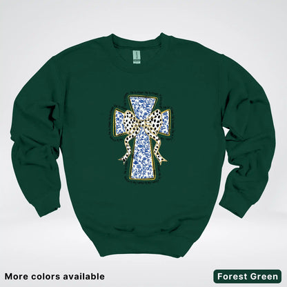 He Is Risen Cross – Blue Toile Easter Faith Graphic - Crewneck Sweatshirt