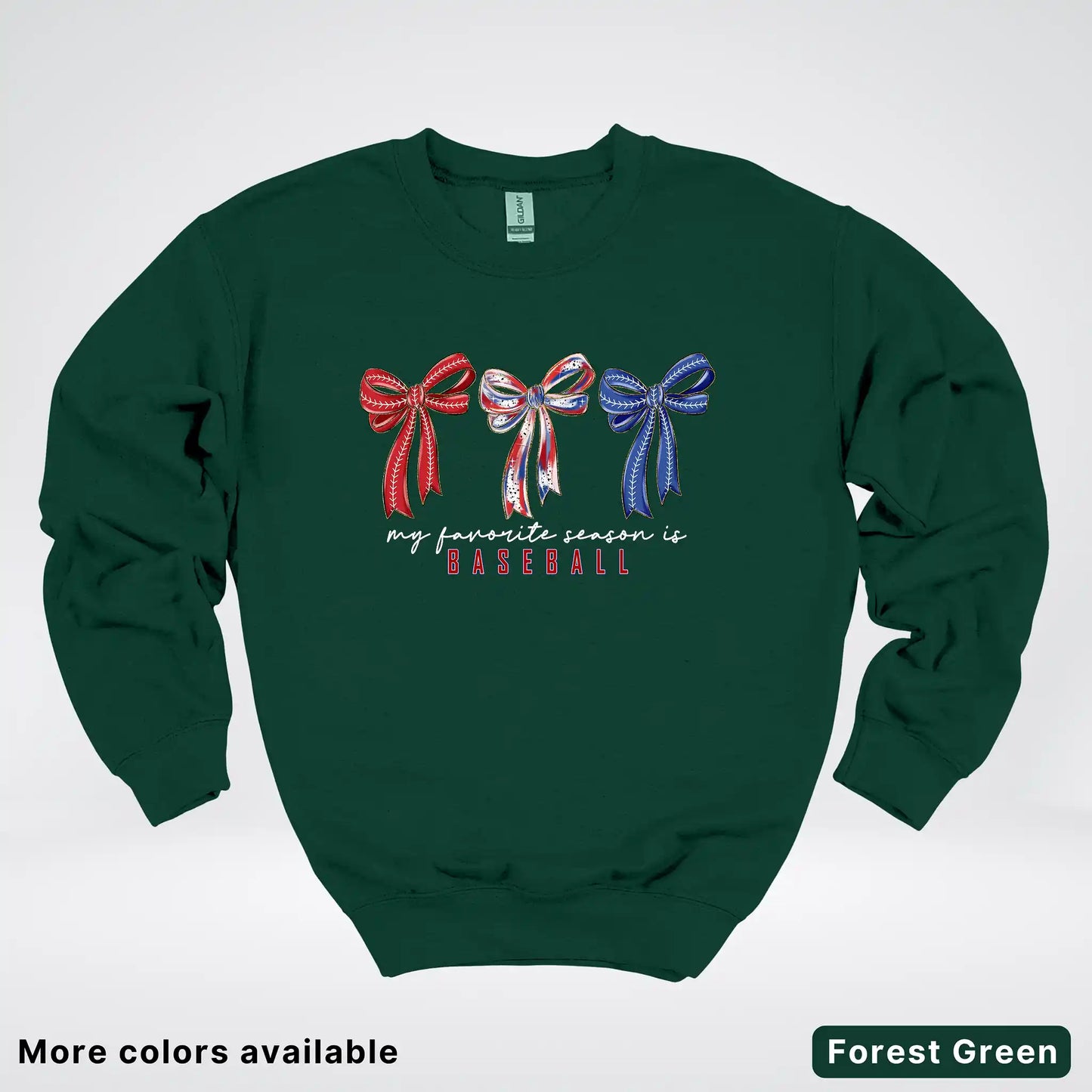 My Favorite Season Is Baseball – Red White Blue Bow Graphic Crewneck Sweatshirt