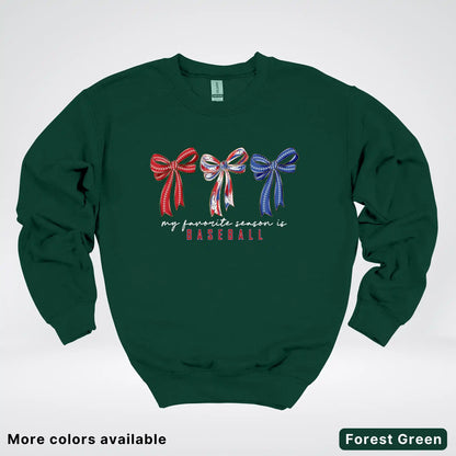 My Favorite Season Is Baseball – Red White Blue Bow Graphic Crewneck Sweatshirt