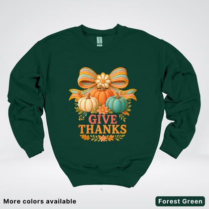 Give Thanks Crochet Thanksgiving Fall Pumpkin - Crewneck Sweatshirt