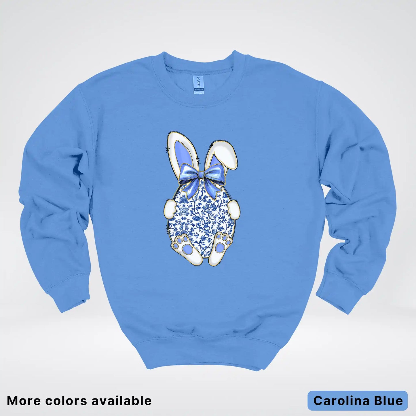 Blue Toile Easter Bunny – Porcelain Bow Bunny Spring Graphic - Crewneck Sweatshirt