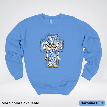 He Is Risen Cross – Blue Toile Easter Faith Graphic - Crewneck Sweatshirt