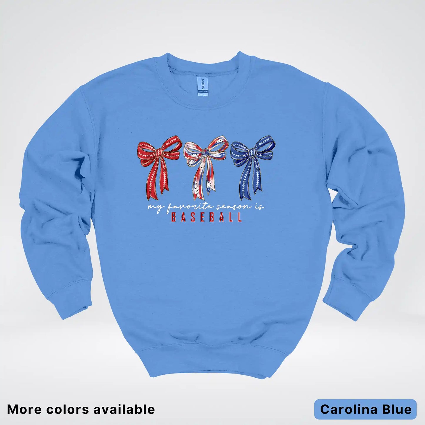 My Favorite Season Is Baseball – Red White Blue Bow Graphic Crewneck Sweatshirt