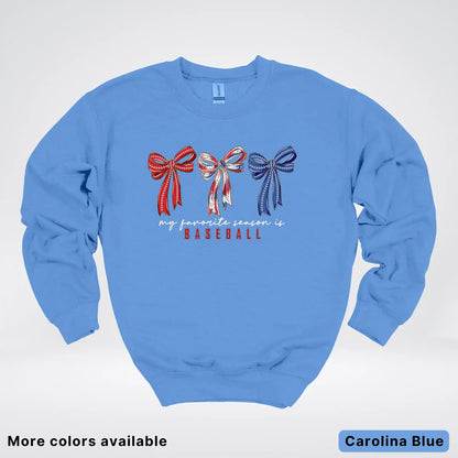 My Favorite Season Is Baseball – Red White Blue Bow Graphic Crewneck Sweatshirt