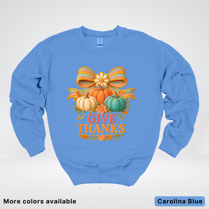 Give Thanks Crochet Thanksgiving Fall Pumpkin - Crewneck Sweatshirt