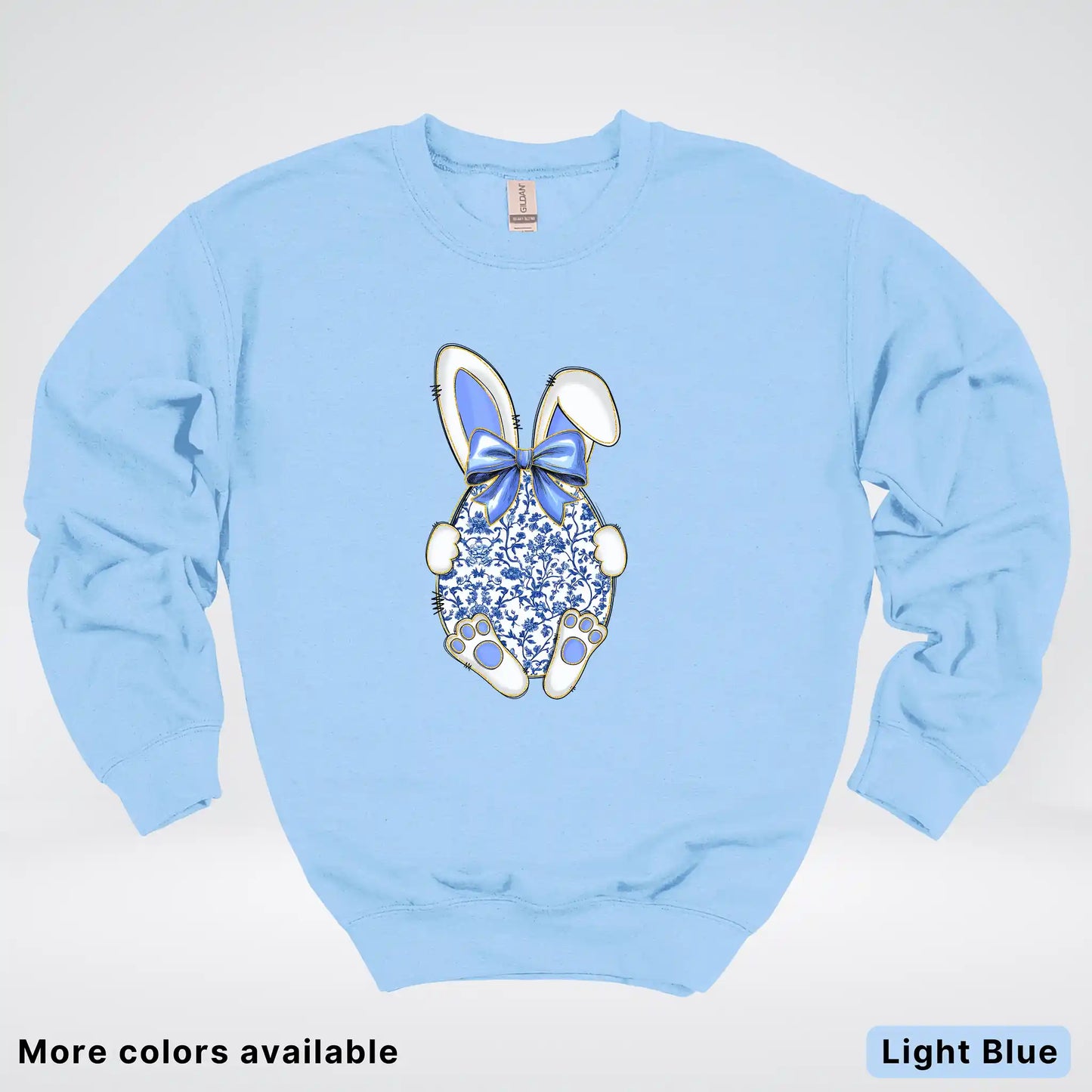 Blue Toile Easter Bunny – Porcelain Bow Bunny Spring Graphic - Crewneck Sweatshirt