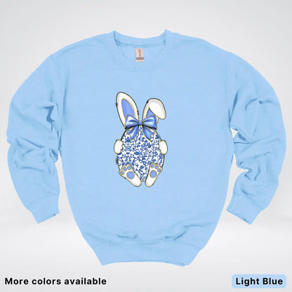 Blue Toile Easter Bunny – Porcelain Bow Bunny Spring Graphic - Crewneck Sweatshirt
