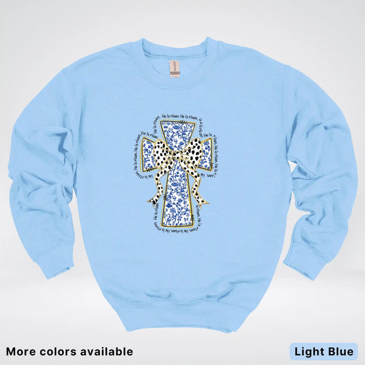 He Is Risen Cross – Blue Toile Easter Faith Graphic - Crewneck Sweatshirt