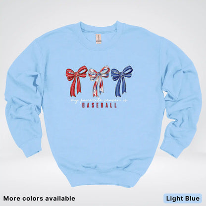 My Favorite Season Is Baseball – Red White Blue Bow Graphic Crewneck Sweatshirt